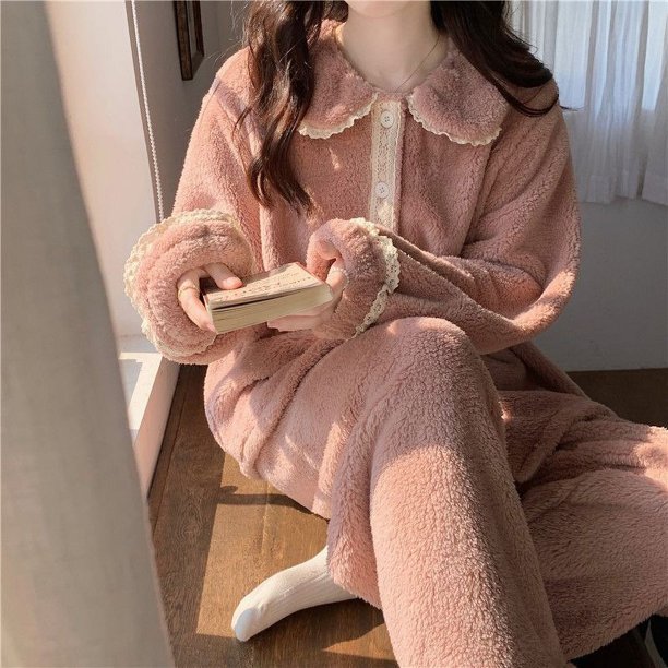 Pijamas de franela de otoño e invierno para mujer, traje de casa lindo con forro polar grueso de manga larga de invierno para mujer