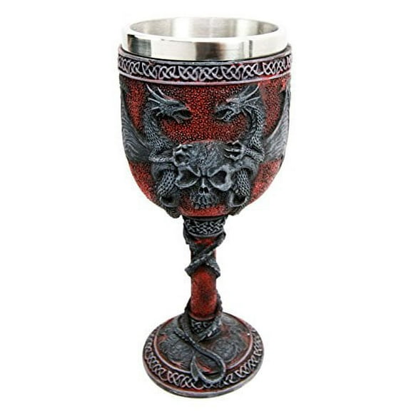 Atlantic Collectibles Dual Twin Dragon Guarding Skull Crest 7"H Wine Goblet Cup Chalice