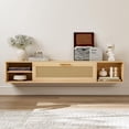 thumbnail image 2 of ARICOEASY Modern Wall-Mounted Media Console Floating TV Stand for 75 Inch TV with Rattan Door and Storage Space, Natural Wood, 2 of 7
