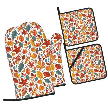 

Zufioo Colorful Maple Leaves Oven Mitts and Pot Holders 4pcs Set Kitchen Oven Glove High Heat Resistant 500 Degree Extra Long Oven Mitts for Kitchen Baking Cooking