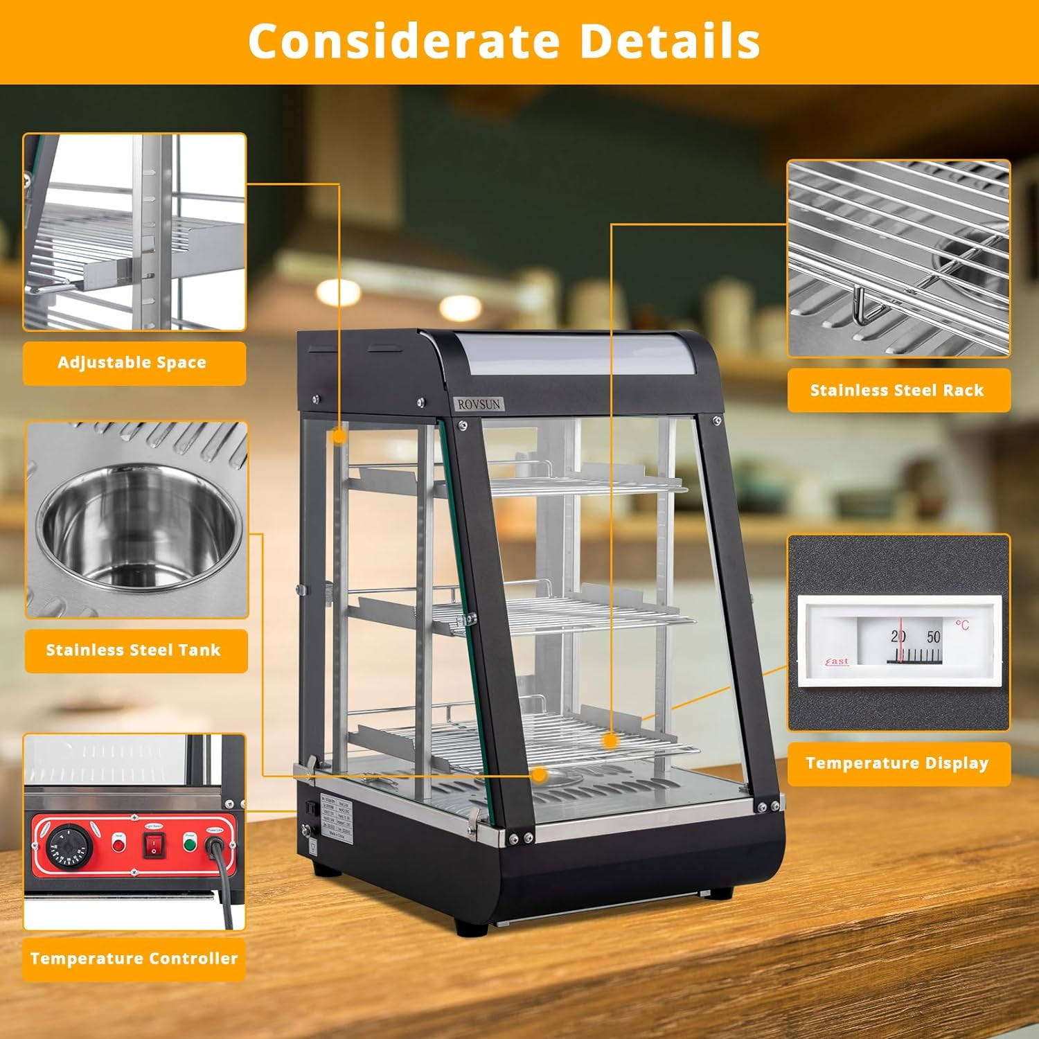 Ktaxon 15" Commercial Food Warmer Display Pizza Warmer, 3-Tier Electric Countertop Food Warmer w/LED Lighting Adjustable Removable Shelves Glass Door, Pastry Display Case for Buffet Restaurant, 1000W