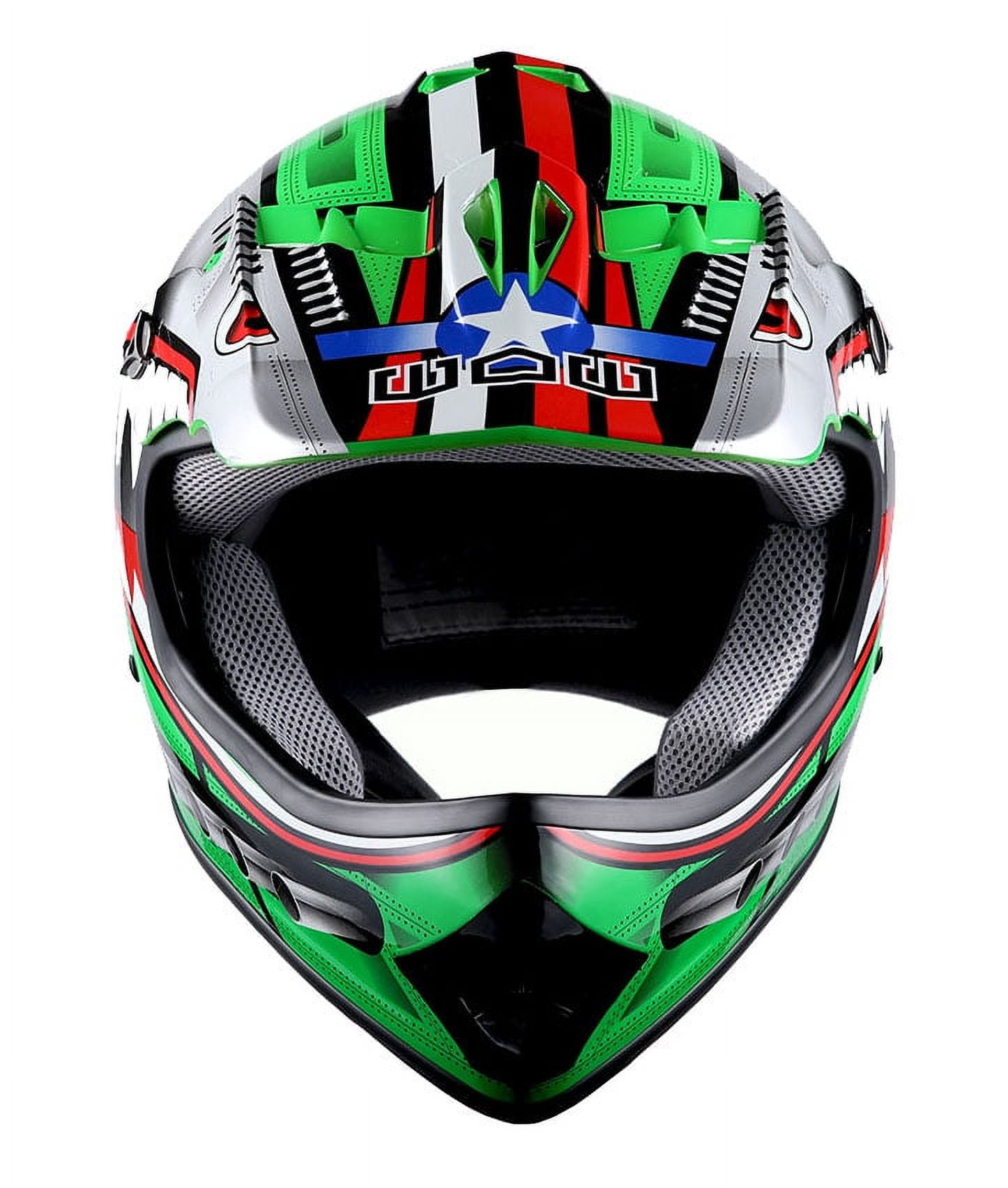 1Storm Youth Motocross Helmet Kids Motorcycle Bike Helmet HBOY Shark Green + Goggles + MG Youth Green Glove Bundle