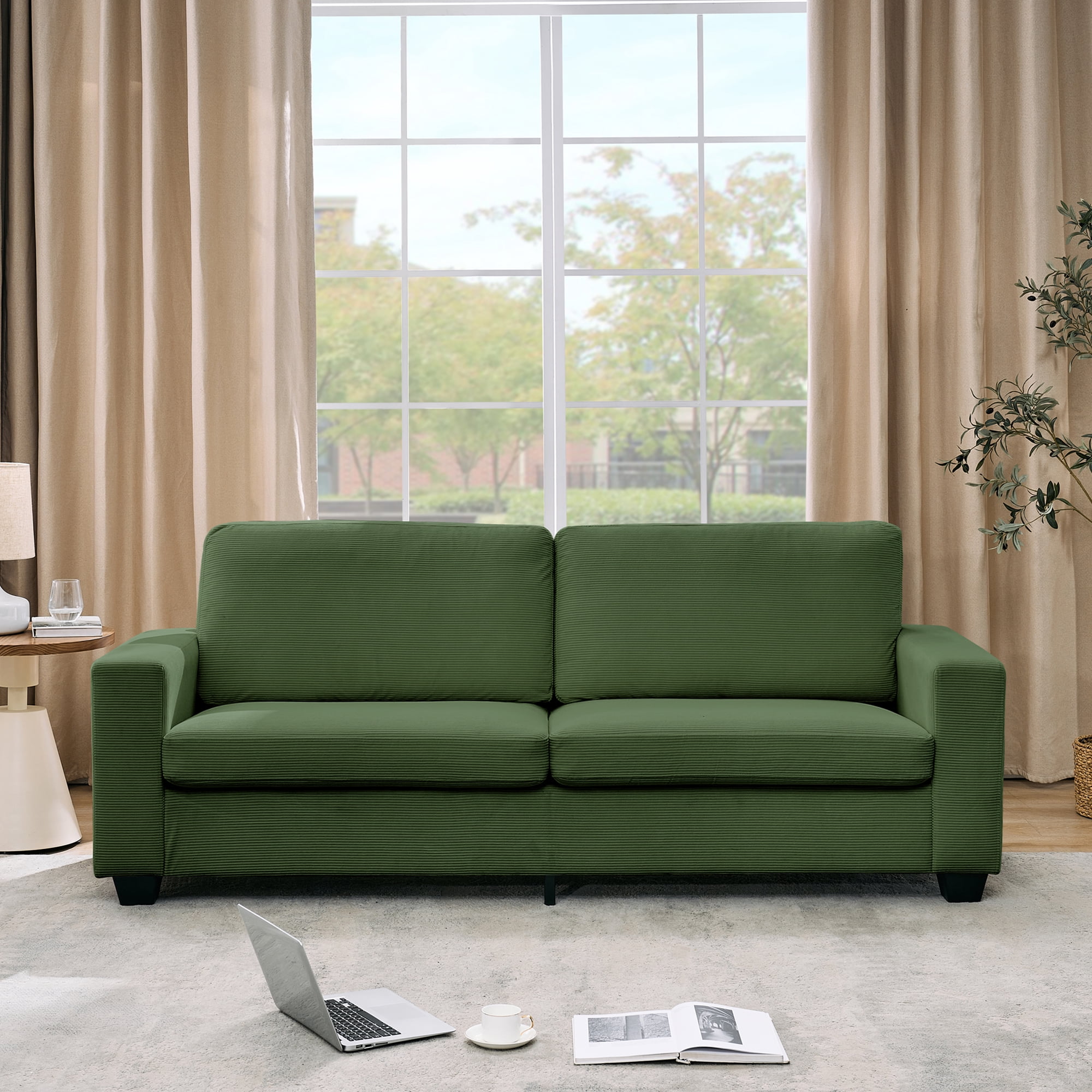 Kicctian 83" Wide 3-Seater Corduroy Couch with Deep Seat, Modern Sofa with Washable Covers and Wide Armrests, Comfortable Loveseat for Living Room, Bedroom, Office or Small Spaces,Green