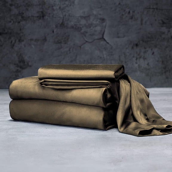 Mulberry Silk Satin Sheet Set - 4 Pc (1 Flat Sheet, 1 Fitted Sheet, 2 Pillowcases) - Smooth Bedding for Queen/King Bed - Wrinkle-Resistant, 15" Deep Pockets, Breathable & Cooling.(Brown,SHORT QUEEN)