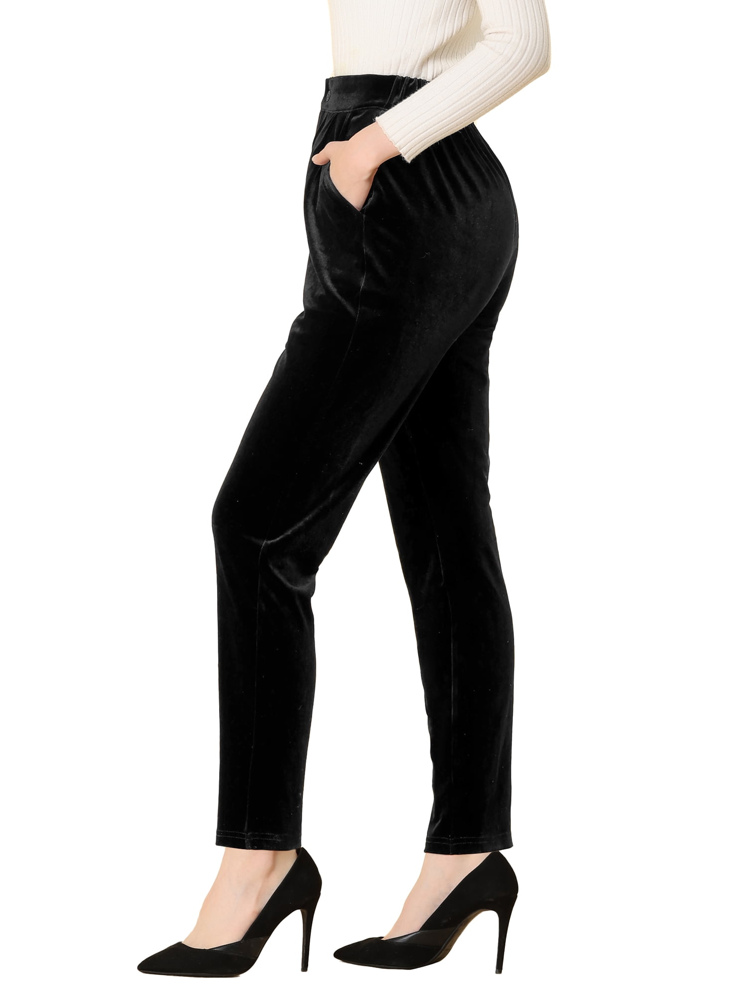 DARING DIVA Women's Elegant Velvet High Waist Trousers Work Pants M Black