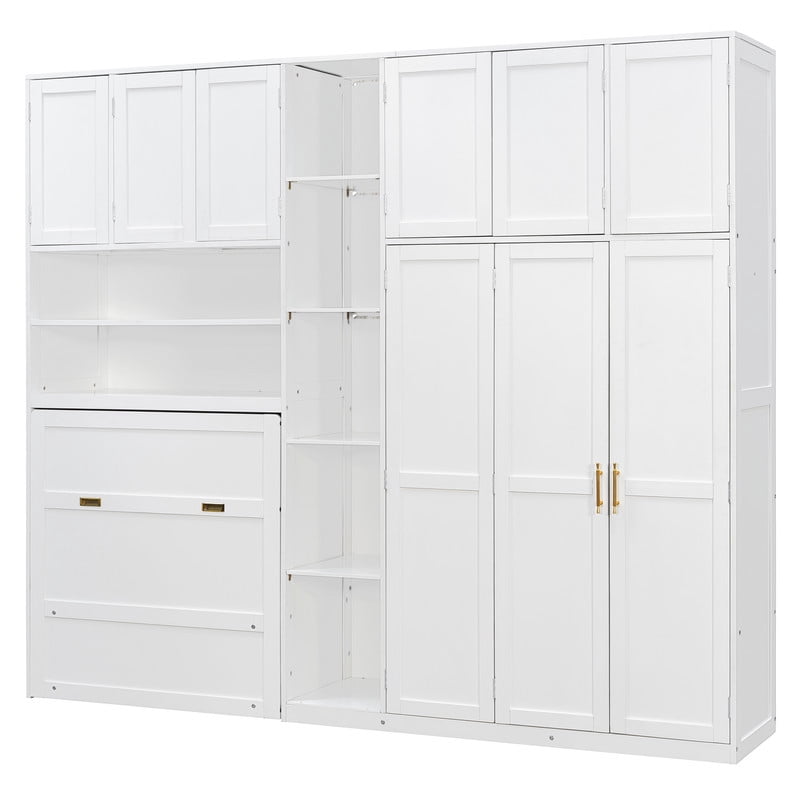 Twin Size Pull Out Murphy Bed with Wardrobe & Shelves, Storage Platform Bed Frame with LED Display Shelves & Overhead Cabinets