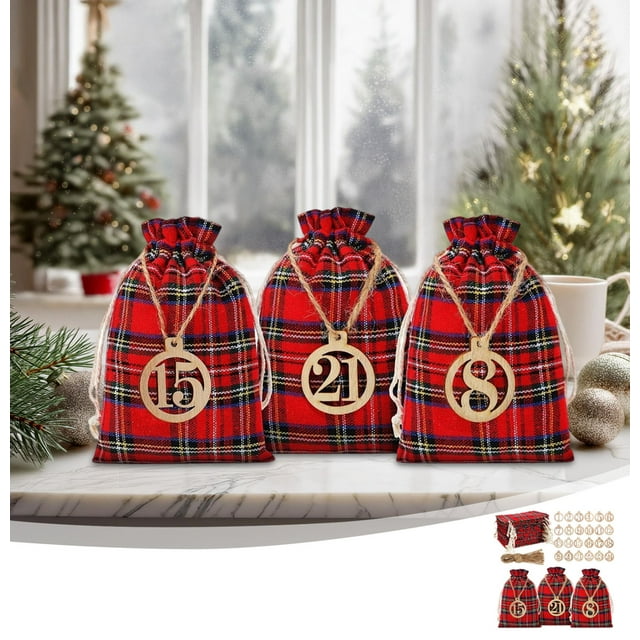 Calendario de Adviento Infantil con Bolsitas Colgantes para Dulces | Poliéster Beige | 13 X 17,5 Cm | 24 Bolsitas | Bolsa de Regalo de Lino con Cuenta Regresiva
