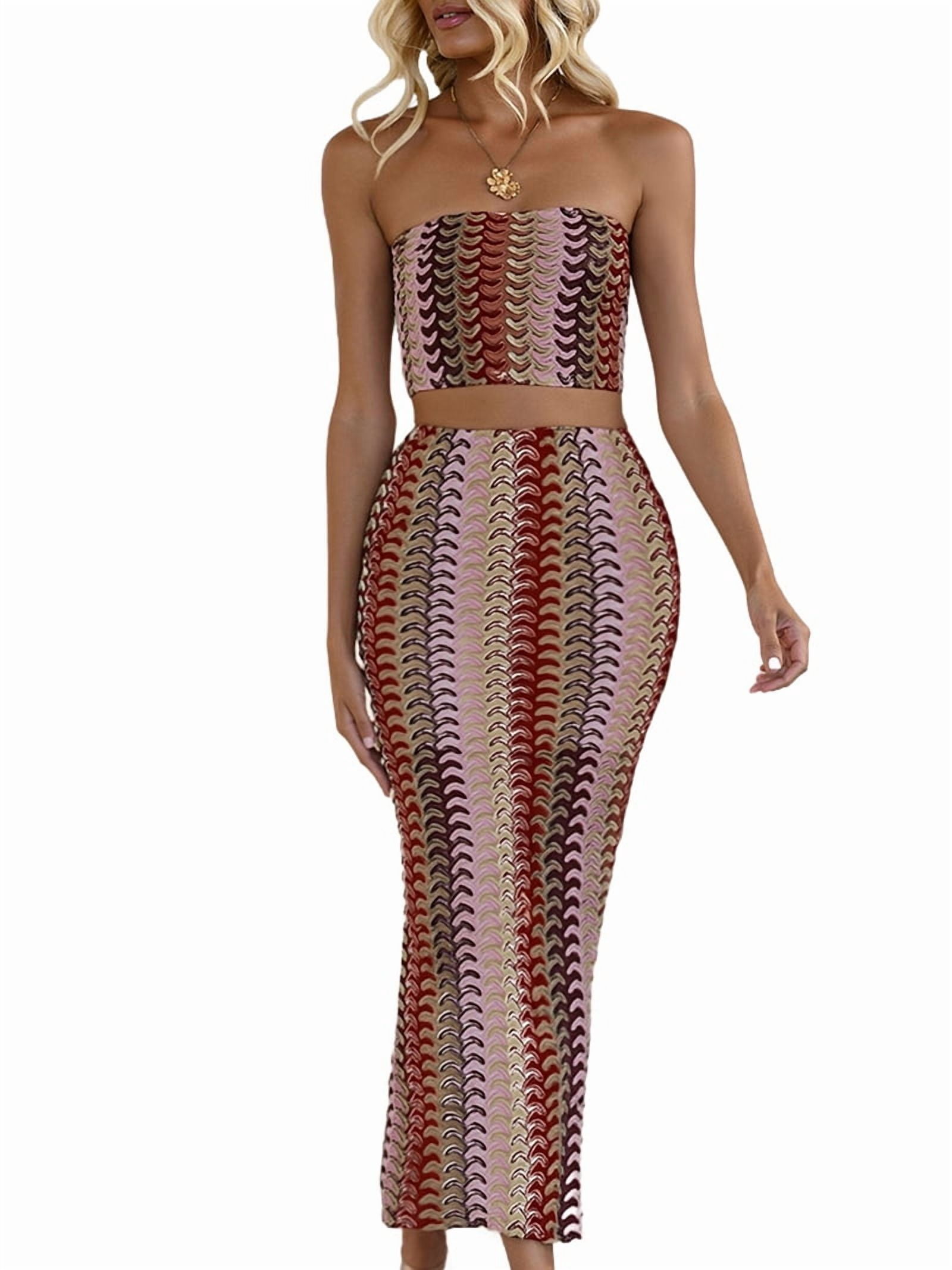 Women'S Summer Colorful Striped Tube Top Dress Set Two Piece Suit Wine Red M