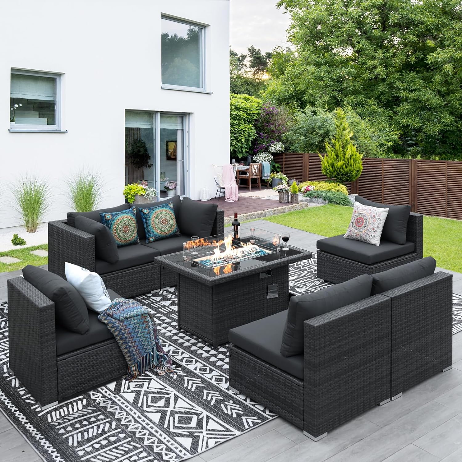 NICESOUL Modern Luxury 29.3 High Back Extra Large Size Rattan Patio Furniture Sectional Sofa Sets with Gas Propane Fire Pit Table Outdoor Conversation Sets with Firepit 7 Pieces Dark Grey Walmart
