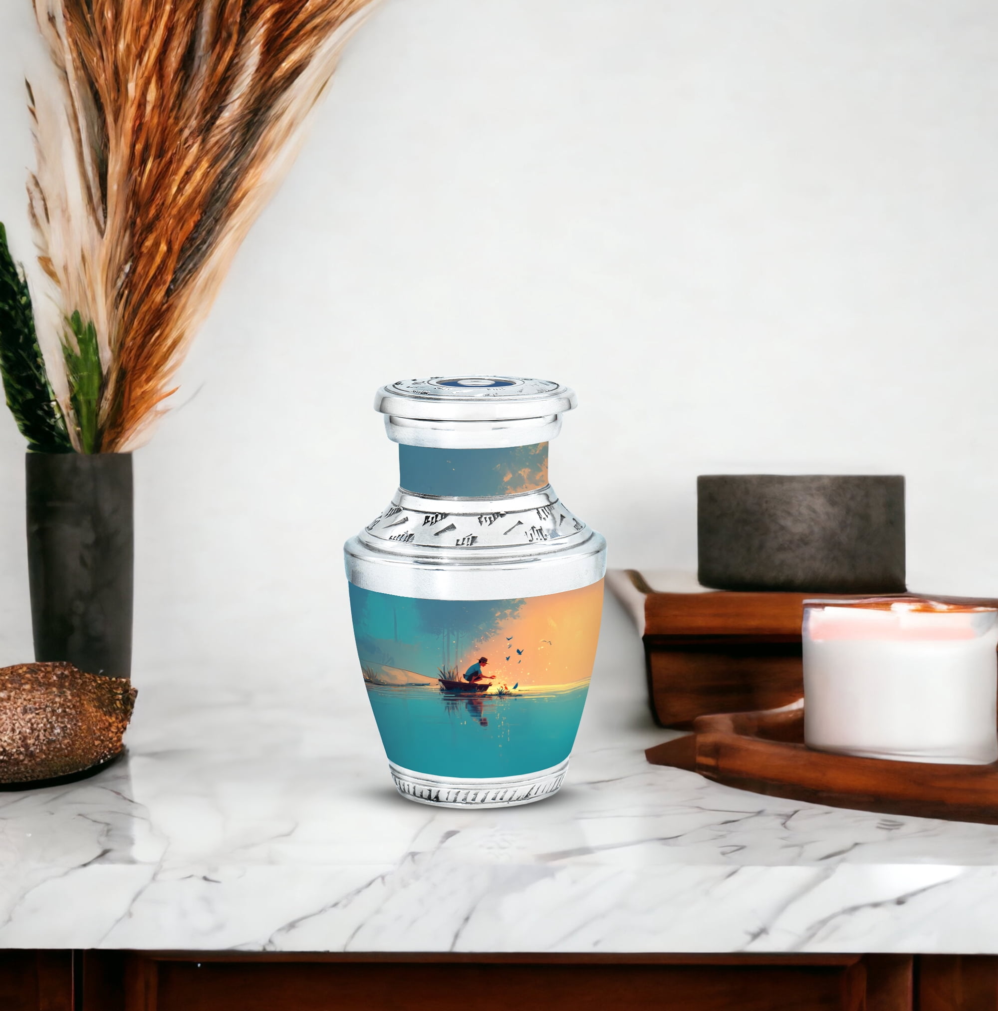 MUKTIVE Fishing Cremation Urns for Human Ashes - Memorial Urns Keepsake - Blue Burial Urn for Human Ashes for Male Small - Funeral Remain Holders for Mom & Dad - Memorial Gifts for Loss (3 Inch)