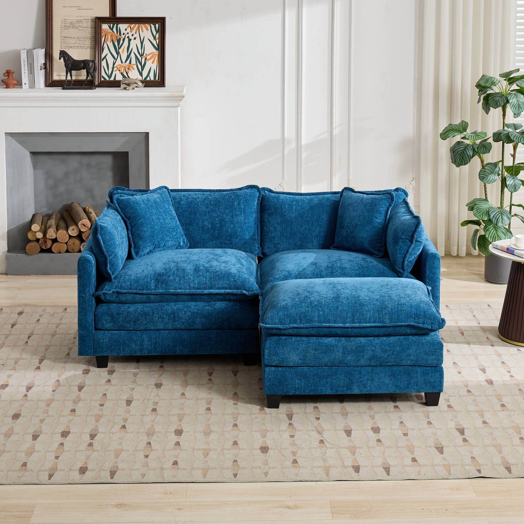 Cloud Sofa Ottoman Only, Modern Modular Sectional Ottoman, Breathable Chenille Fabric Upholstered Footrest with Double Layer Cushion, Accent Bench for Living Room Bedroom Apartment, Blue