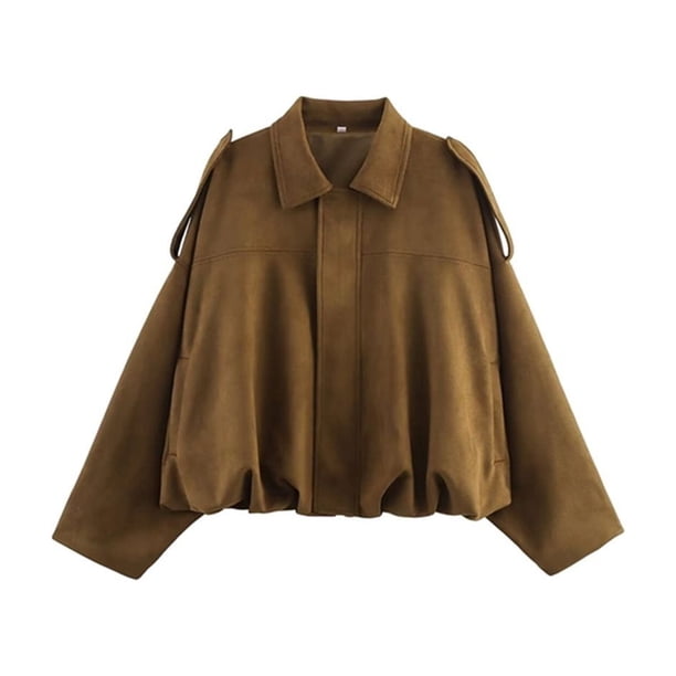 Chaqueta de Ante Sintético para Mujer con Solapa y Bolsillo, Estilo Piloto, Informal, de Larga, Estilo Urbano Moderno Marrón S