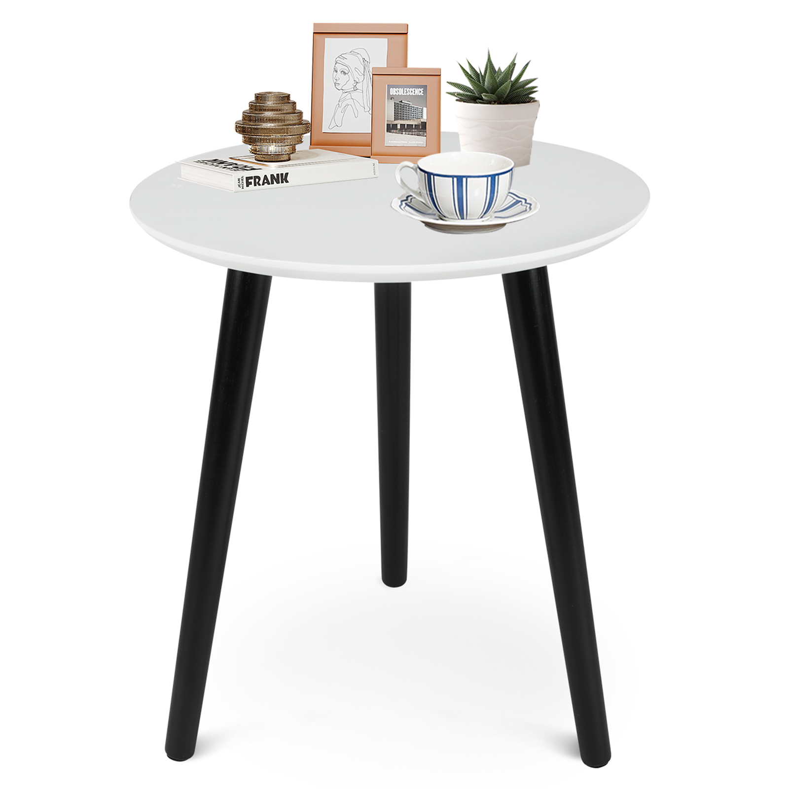 Side Table Round, Modern Small Coffee Table, White + Black, 16"D