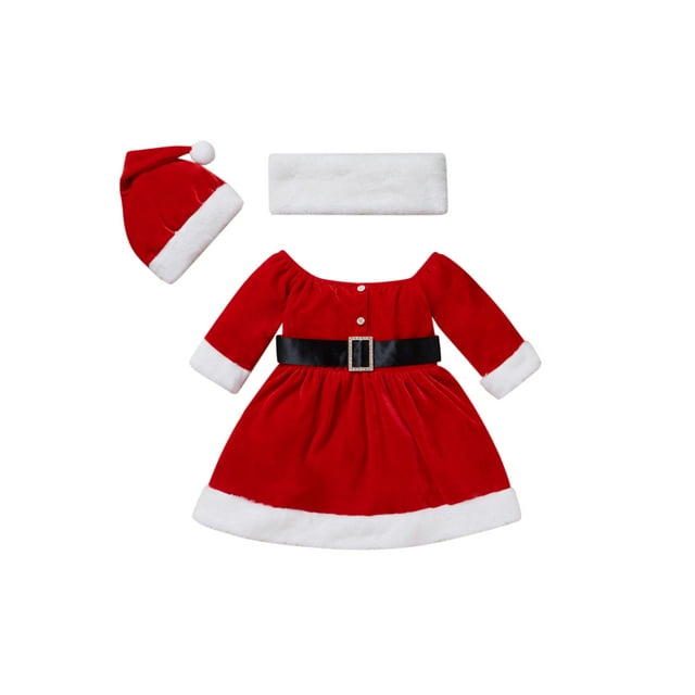 FOCUSNORM Ensemble de Vêtements de Noël en Flanelle pour Filles 3 Pcs, Robe Contrastée+chapeau+Foulard