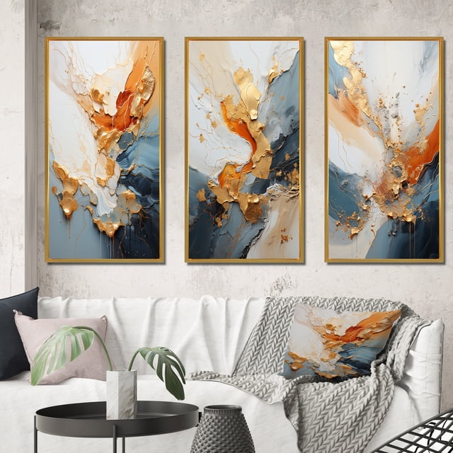 Designart "Golden Sunrise Abstract in Gold and Navy Blue II" Abstract Painting Framed Wall Art Set Of 3 - Gold Modern Frame Gallery Wall Set For Home Decor
