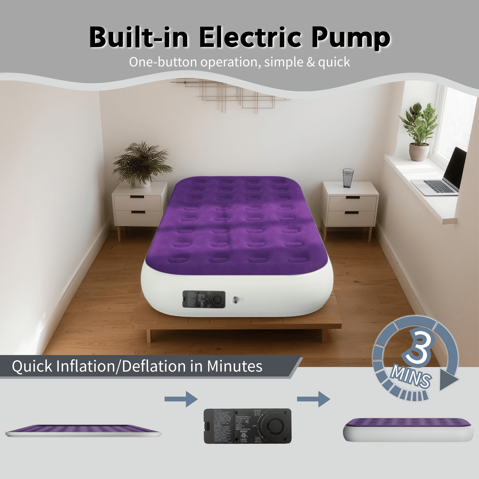 Twin 10" Top Flocking Air Mattress with Built-in Pump Raised Comfort,Fast Inflation/Deflation Foldable Portable Air Bed with Storage Bag for Home,Camping,Guests Purple