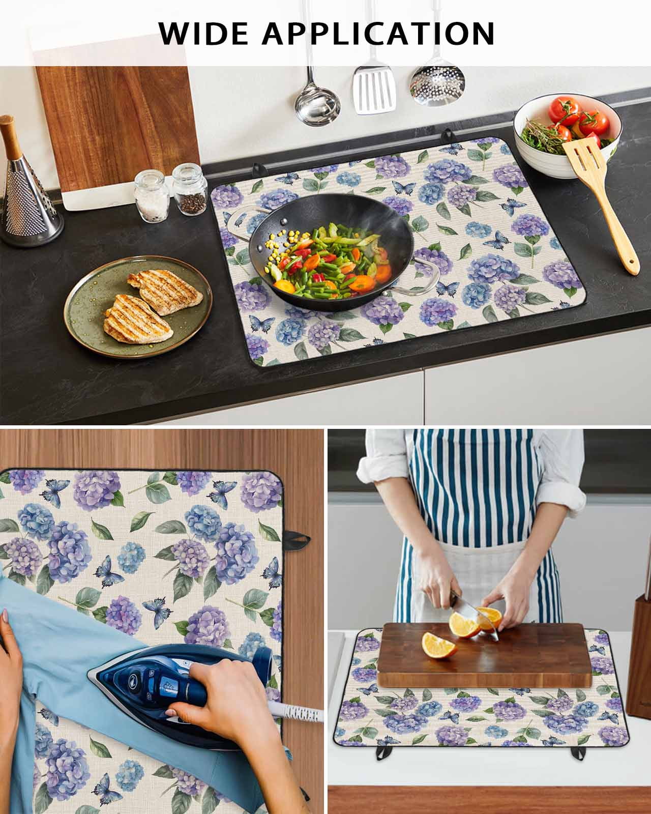 nqOlkjepod Large Induction Cooktop Protector Mat 24"x21", Purple Blue Hydrangea Stove Top Covers for Electric Stove, Pastoral Butterfly Botanical Stove Burner Cover Mats, Glass Top Stove Cover