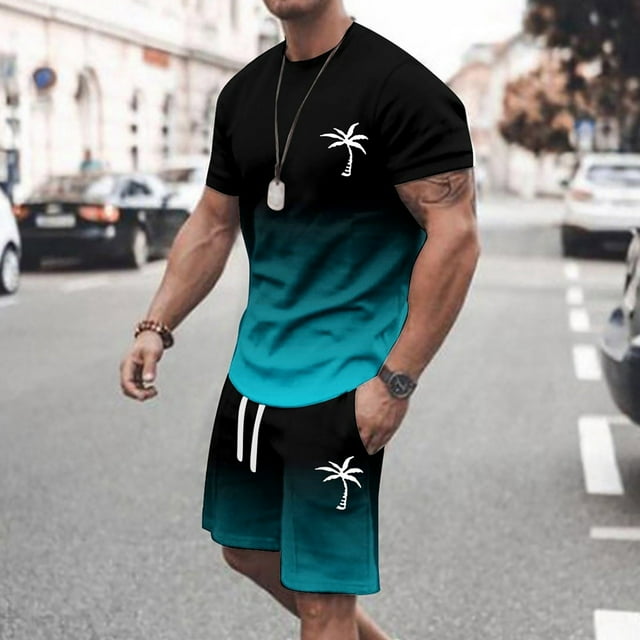 Men's Suits Product Category Men’s Summer Tracksuit Plus Size Short Sleeve O Neck Athletic Suit Casual Color Block Drawstring Waist Tracksuit Set