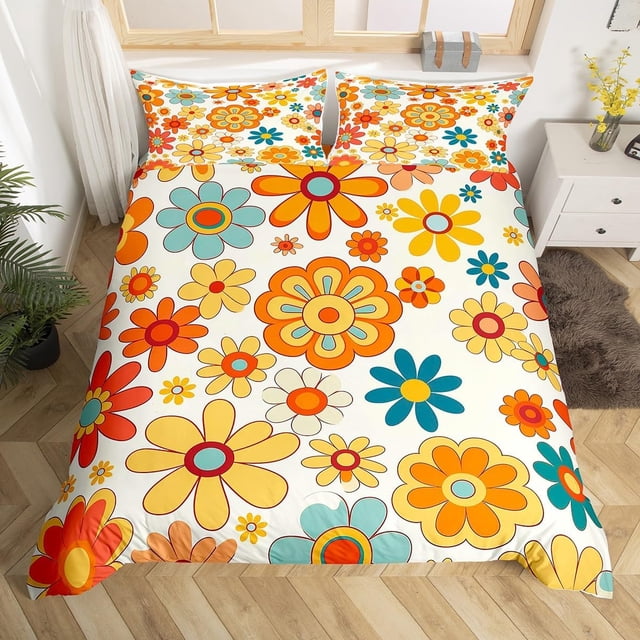 80s Floral Funda Nórdica Twin Size,Acuarela Rústico Groovy Flores Edredón