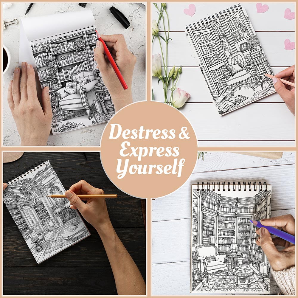 Netecom Enchanted Library Coloring Book for Adults, A5 Wooden Cover, 30 Enchanting Coloring Pages of Mystical Books and Shelves for Stress Relief and Relaxation, Spiral Bound Edition