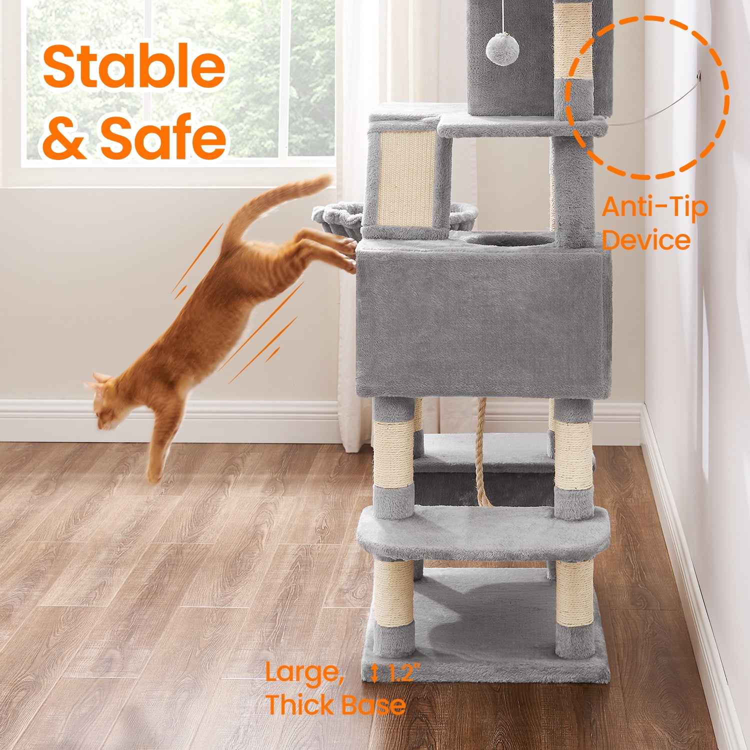 LEDREM 66.1-Inch Multi-Level Cat Tree with 2 Perches, 2 Caves, Hammock & 13 Scratching Posts – Plush Climbing Tower for Indoor Cats, Light Gray