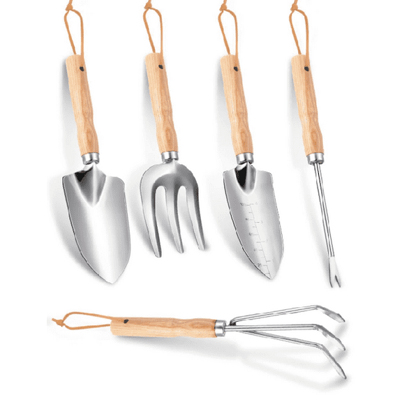 RECESKY Gardening tools, namely, trowels, weeding forks, spades, hoes,5-Pieces, Heavy Duty Gardening Hand Tools with Wooden Handle,  Stainless Steel Material, Rust-Proof Garden Tool Set