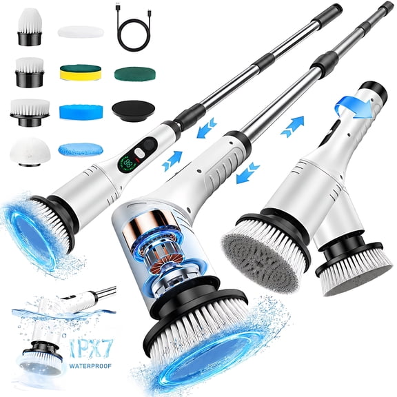 STARBIAO Electric Spin Scrubber with Adjustable Head, No Bending Bathroom Cleaner, Cordless Power Scrubber with Long Handle, 9 Brush Heads, 2 Speeds, Waterproof for Tub Tile Floor Shower
