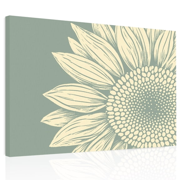 Sunflower Head Canvas Print Wall Art Summer Floral Sage Green Petals Botanical Wall Decor Modern Artwork Paintings Pictures for Living Room Stretched and Framed Ready to Hang - 12" x 16"