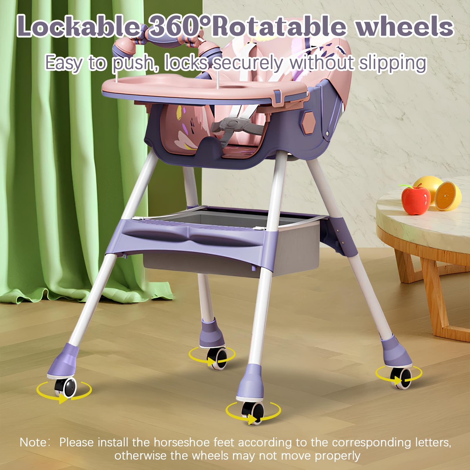 HDUTNGISN 4-in-1 Foldable Baby High Chair with 5-Point Harness, Double Plates & Toy Rack, Purple