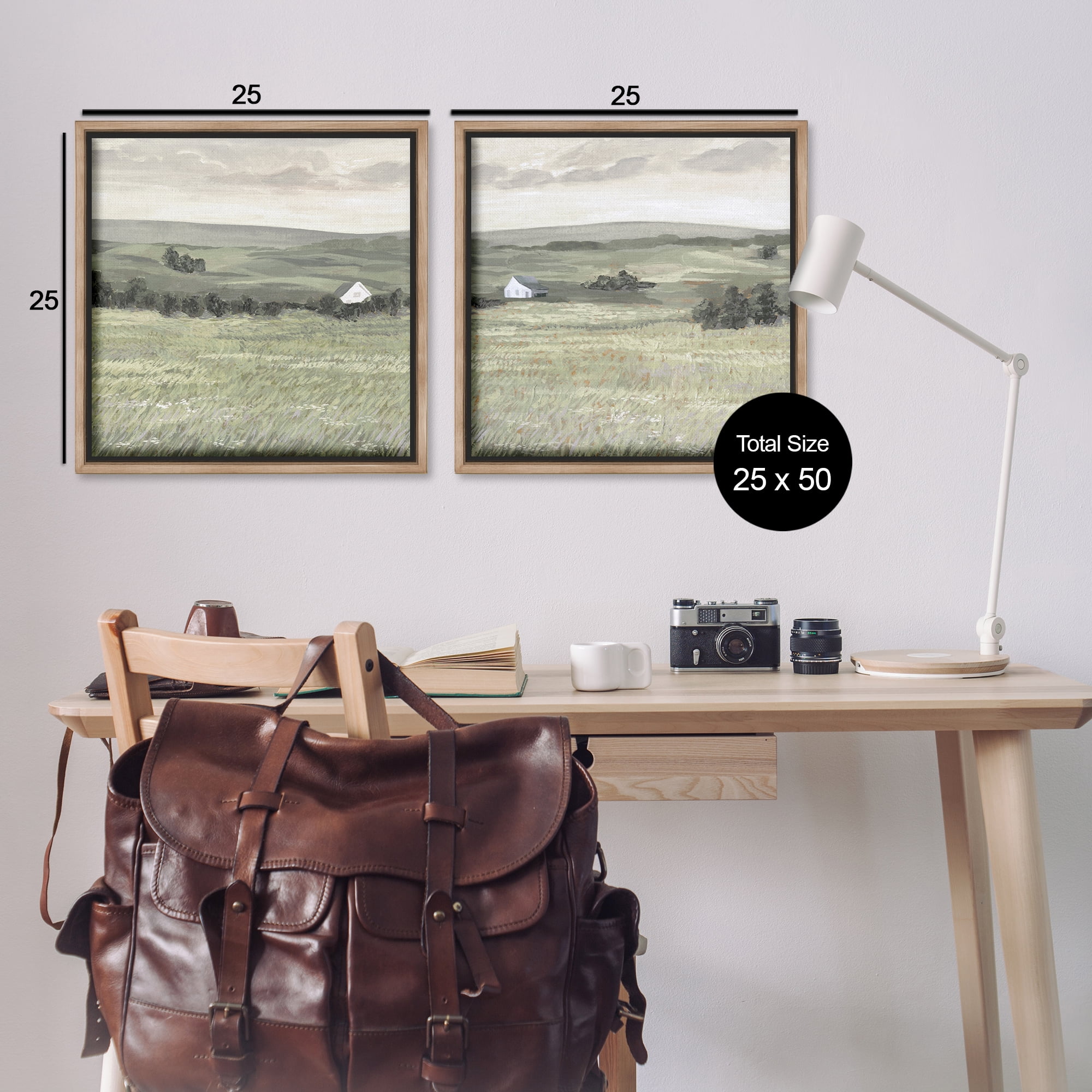 Stupell Industries Traditional Distant Farmhouse Field Landscape & Nature Painting Brown Floater Framed Canvas Art Print Wall Art, 25 x 25, Set of 2
