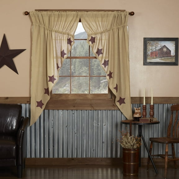 VHC Brands Burlap Natural with Burgundy Stars Primitive 63"x36"x18" Prairie Panel Pair Tan Rod Pocket Stenciled Cotton Drawstring Ties Window Curtains