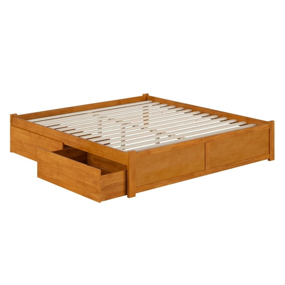 HomeStock Beachy Beauty King Solid Wood Platform Bed with Footboard & Storage Drawers in Light Toffee