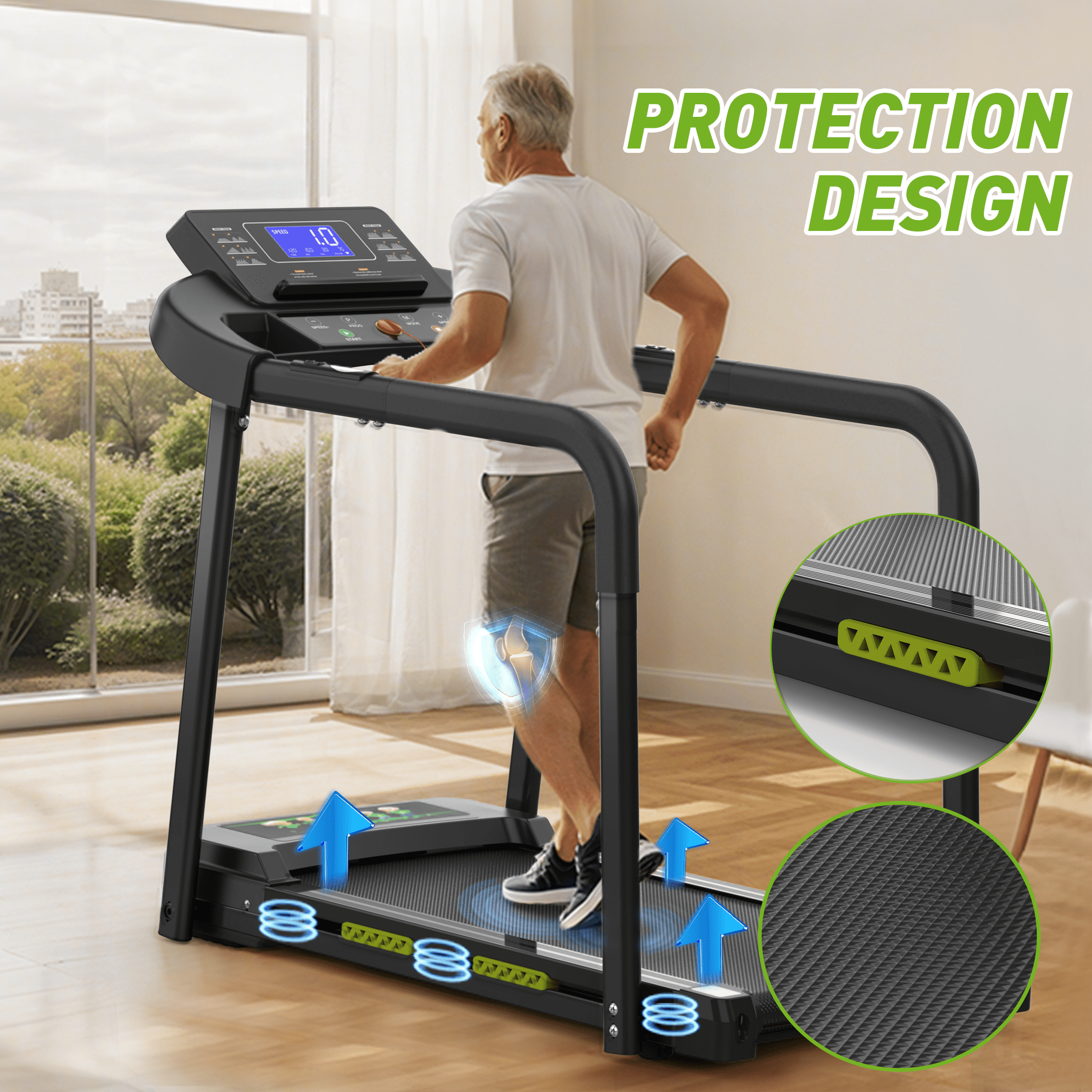 FLIMDER Foldable Treadmill for Senior, 2 in 1 Folding Exercise Treadmill with Long Handrail, 300 lbs Capacity 0.5-7.5 MPH