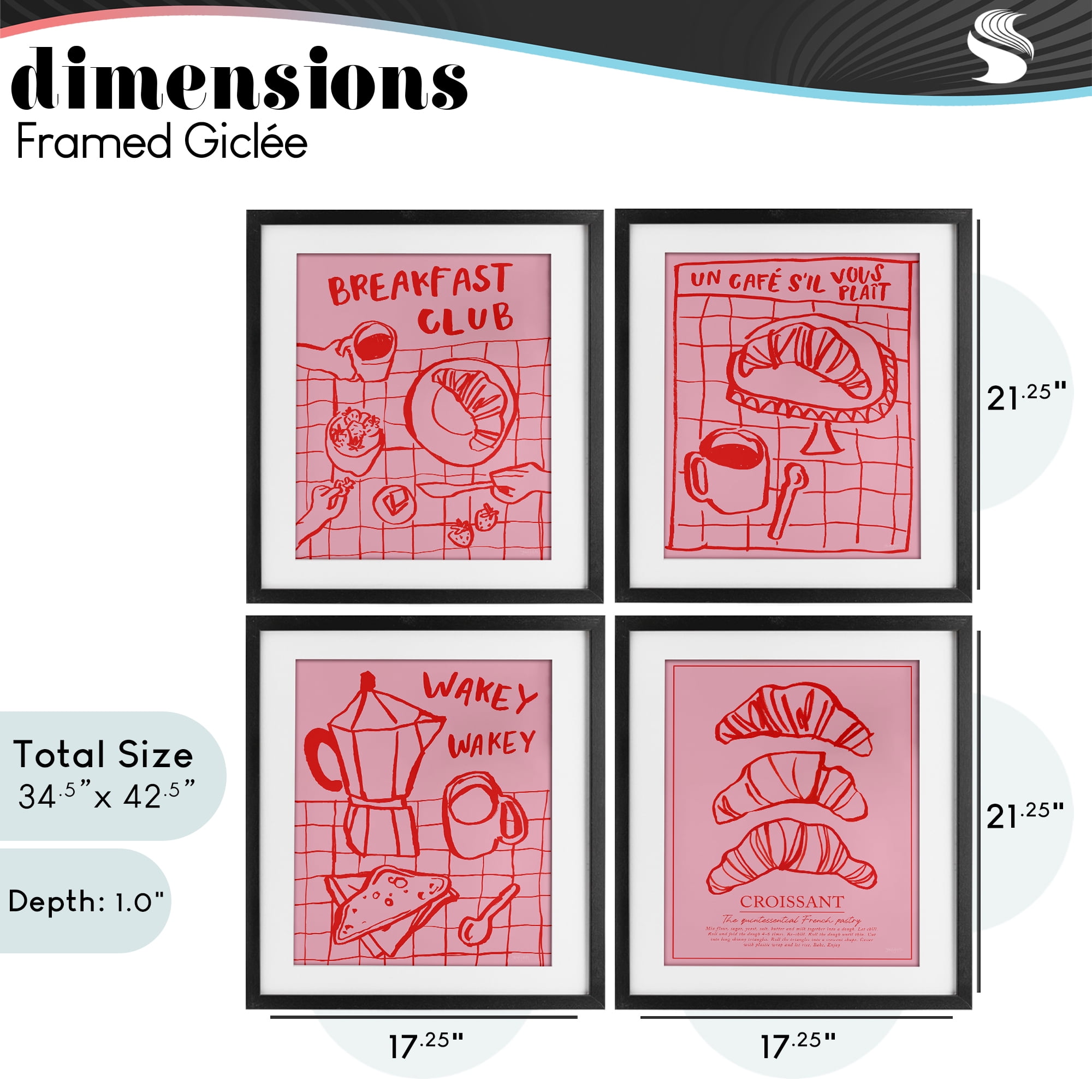 Stupell Industries Pink & Red Breakfast Doodles 4 Piece Black Framed Print Under Glass Set, design by Jenaya Jackson