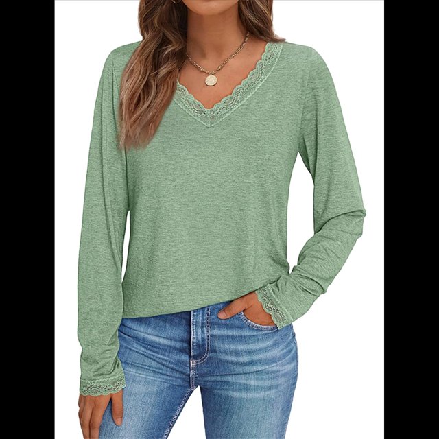 Camisetas con Cuello en V para Mujer, Blusas de Encaje de Larga, Holgadas, Elegantes e Informales, para Otoño e Invierno, A . Verde XXL