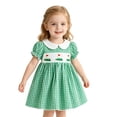 thumbnail image 2 of Girls Green Gingham Golf Embroidered Dress Peter Pan Collar with Puff Sleeves Smocked Bodice with Golf Flag Embroidery for Kids Summer Casual Party Outfit(Green,4-5 Years), 2 of 4