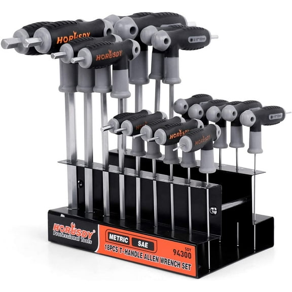 HORUSDY 18 Piece T-Handle Allen Wrench Set Inch / Metric Long Arm Ball End Hex Key Wrench Set MM(1.5mm-10mm) SAE(1/16"-3/8")