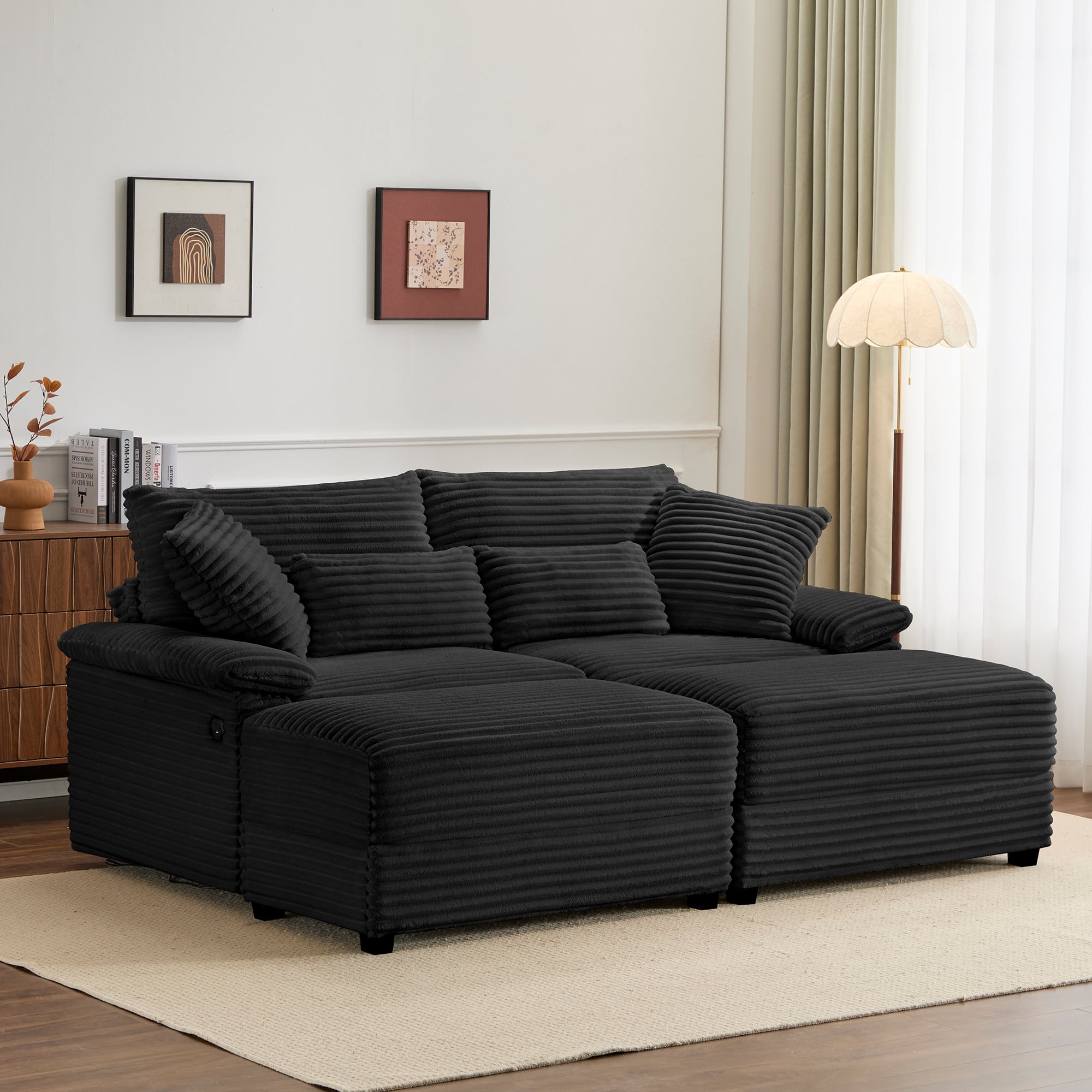 Alvantor 74" Sofa Loveseat with Reversible Ottoman & USB Port Corduroy Chaise Couch for Living Room Black