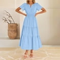 thumbnail image 5 of Dezsed Women's Boho Beach Dress Short Sleeve V Neck Tiered A Line Ruffle Elegant Flowy Spring Cocktail Party Dresses Blue XL, 5 of 9
