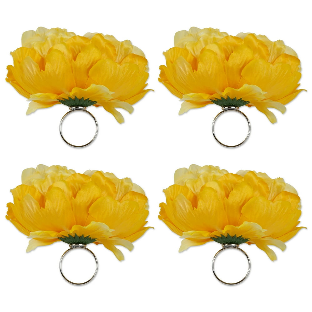 Set of 4 Yellow Peony Flower Designed Napkin Rings 5"