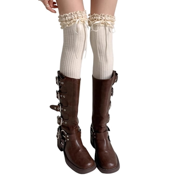 Yokua Women Lace Trim Bows Over Knee Socks Student Cotton Warm Thigh High Stockings