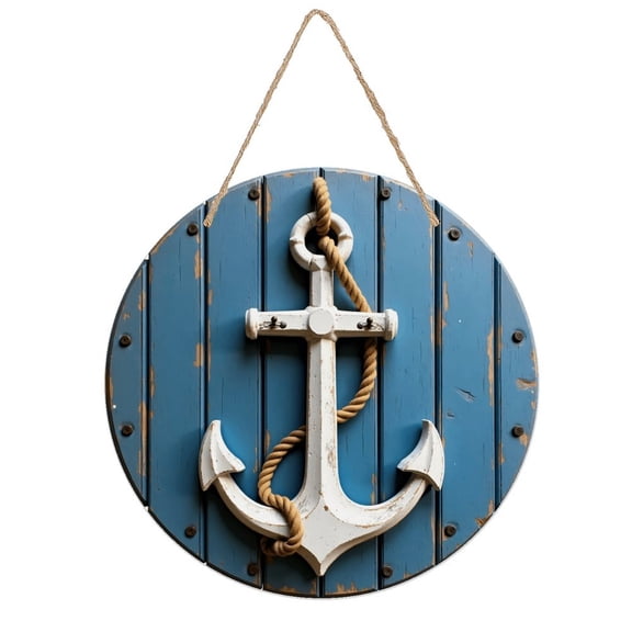 Rustic Round Wooden Wall Art Sign, 8" Decorative Home Decor, Vintage Anchor Nautical Rope Designs, Easy Hang, Gift-Ready for Christmas Living Room Bedroom Kitchen Office