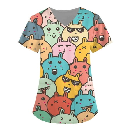

QAZXD Women s Stretchy Printed V-Neck Medical Scrub Tops