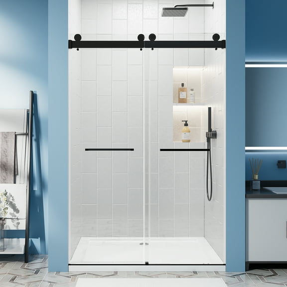 56–60" W × 76" H Double Sliding Frameless Shower Door, 5/16" Tempered Glass, Stainless Steel Hardware, Matte Black Finish