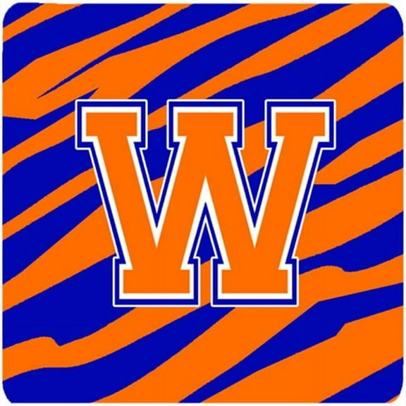 Monogram - Tiger Stripe - Blue Orange Foam Coasters, Initial Letter W - Set 4, 3.5 x 3.5 In.