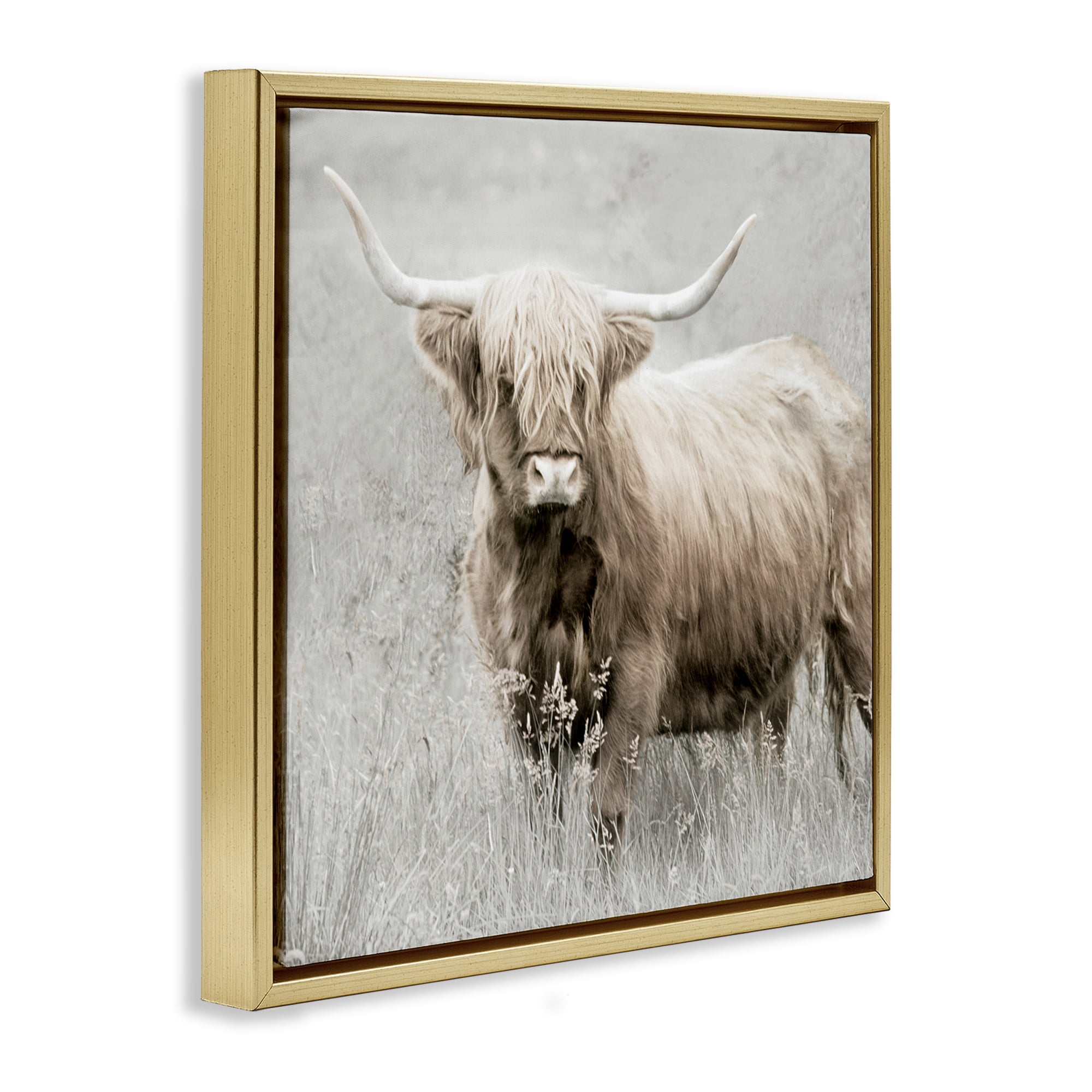 Stupell Industries Subtle Longhorn Cattle Animals & Insects Painting Gold Floater Framed Canvas Art Print Wall Art, 18 x 18