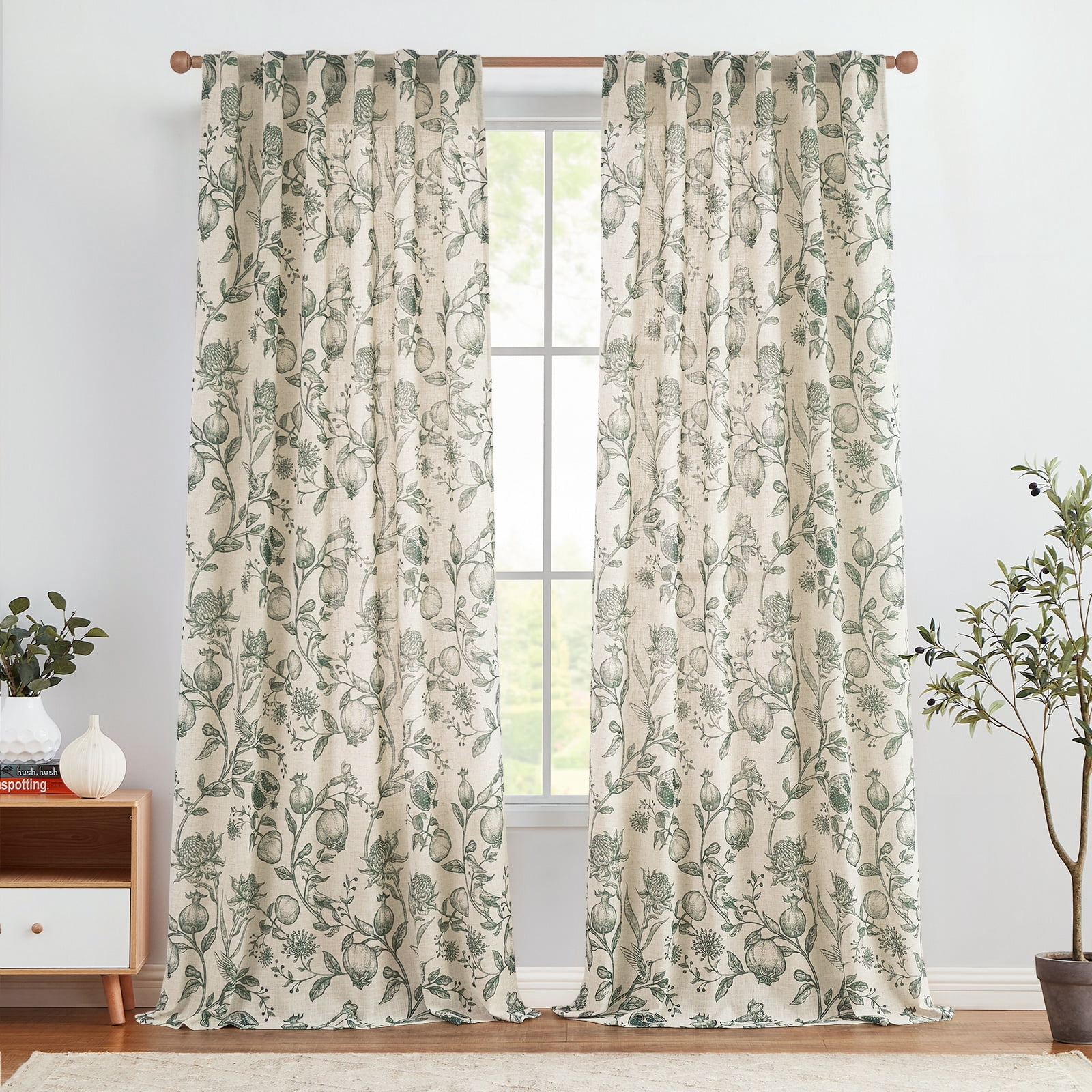 Curtainking Linen Floral Curtains 84 inch Length Curtains Back Tab Light Filtering Farmhouse Drapes for Living Room Bedroom 2 Panels Dark Green