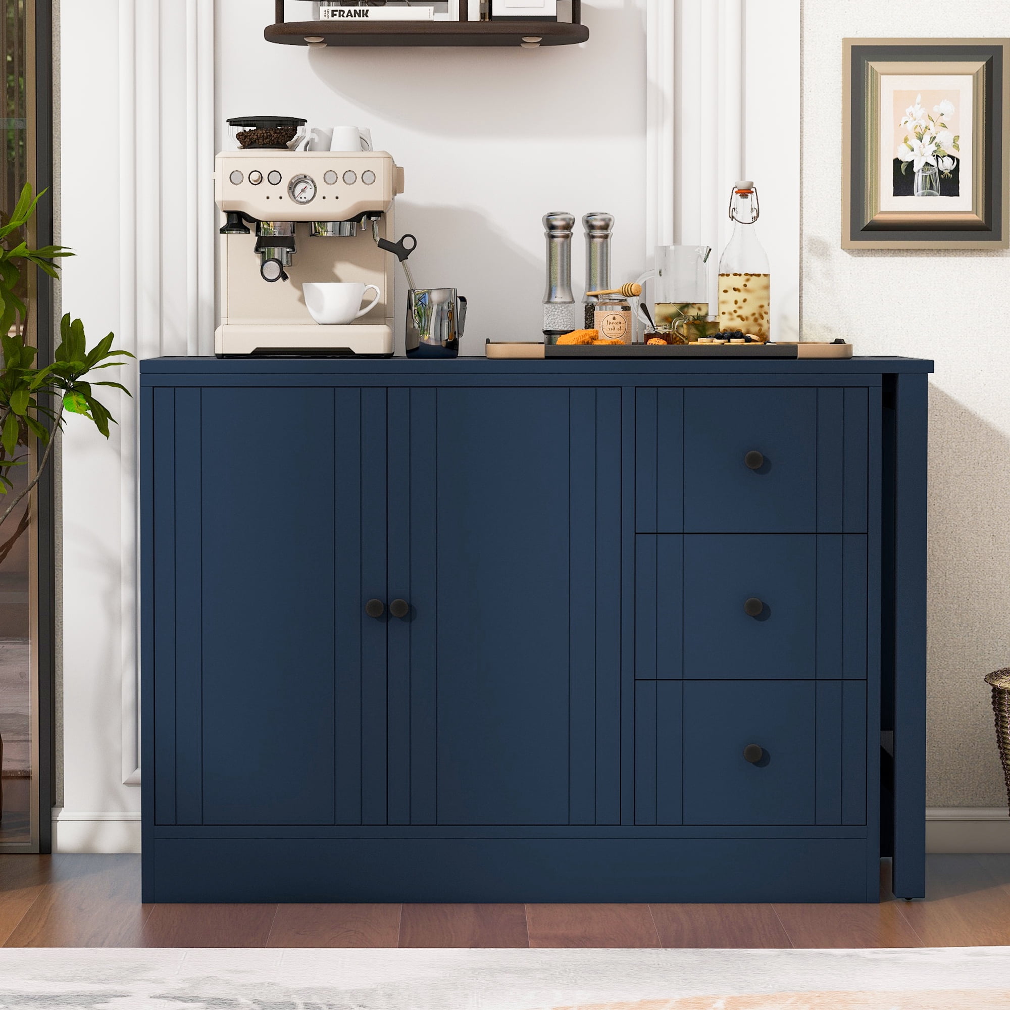 Aukfa Space-Saving Sideboard with 47" Extendable Dining Table,Buffet Cabinet for Kitchen Dining Living Room,Blue