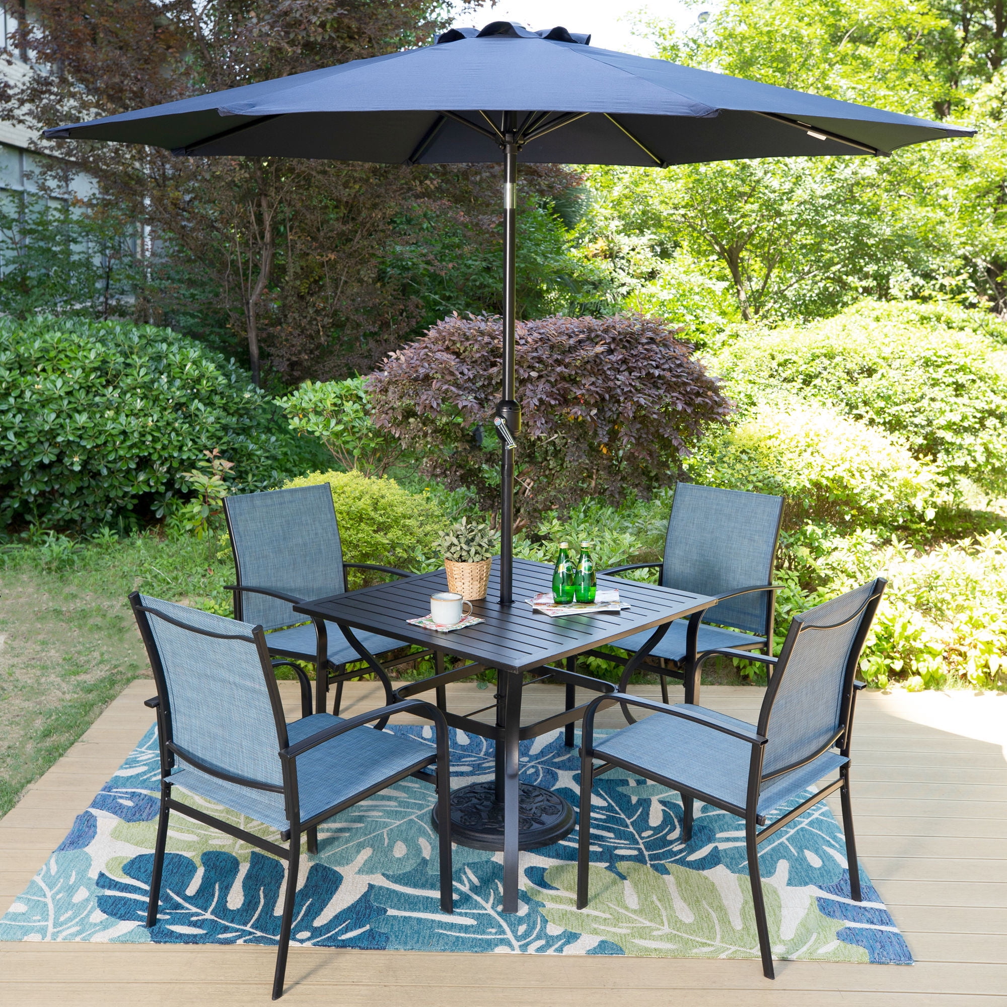 MF Studio 6-Piece Outdoor Patio Dining Set with 9 ft Umbrella, Metal Steel Square Table & 4 Textilene Chairs, Black & Gray