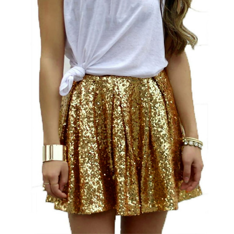 Women's Sequin Skirt Shiny Sparkle Elastic High Waist Pleated Mini Skirt  A-Line Night Out Party Sequined Short Skirt